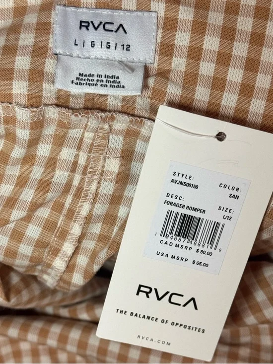 NWT RVCA Forager 100% Cotton Gingham Romper - Size L/12 - Sand/Tan White - Picture 2 of 13